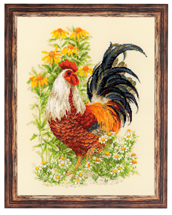 Broderikit Tavla Tupp bland blommor