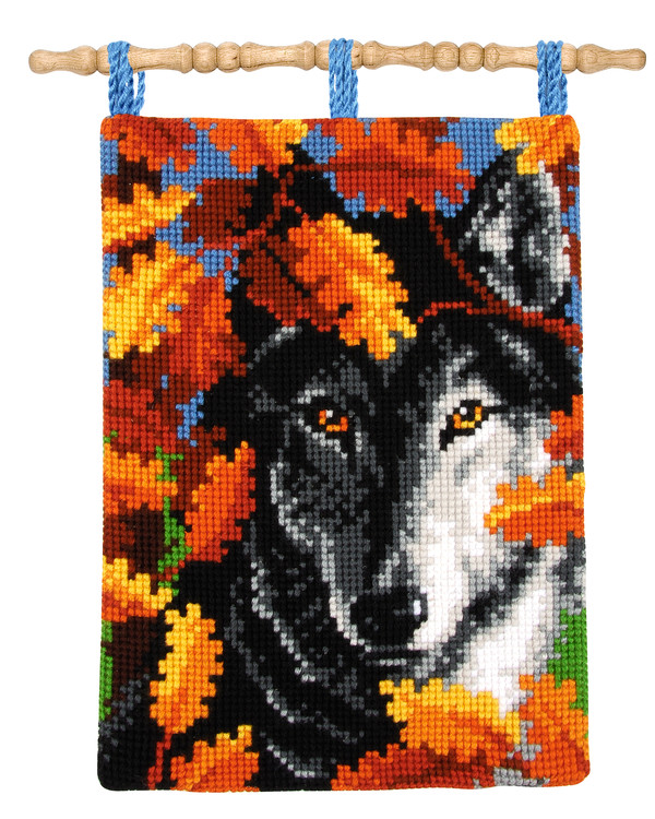 Wandbehang Wolf im Herbstlaub