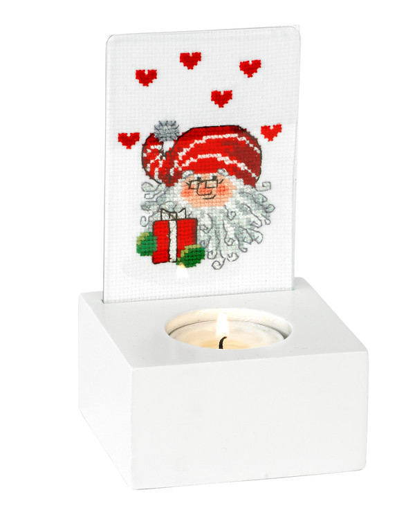 Broderi Nisse med gaver til telysholder